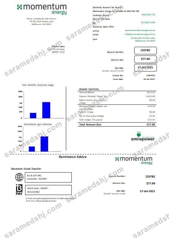 Australia Momentum Energy utility bill